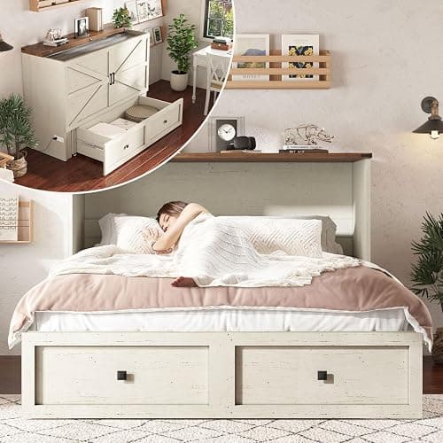 AMERLIFE Queen Murphy Bed with Storage & Charging Station, Farmhouse Murphy Cabinet with Foldable Panel, Noisy Free, for Guest Bedroom, Living Room, Office, Distressed White - Image 1