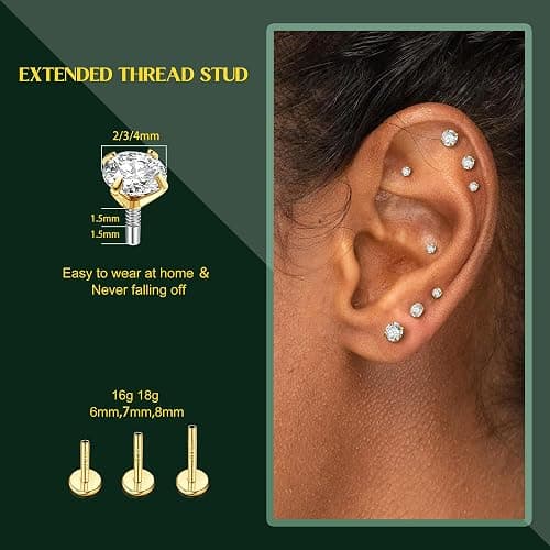 Flat Back Earrings Studs - 14K Gold Filled Internal Thread Stud 18G 16G Piercing Jewelry for Cartilage Helix Tragus Hypoallergenic Labret Lip Conch Nose Rings 316L Stainless Steel Stud for Women Men thumbnail 5