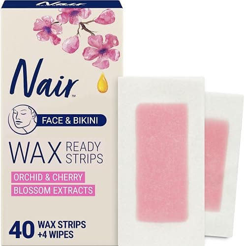 Nair Hair Remover Wax Ready Strips, Face and Bikini Hair Removal Wax Strips, Orchid and Cherry Blossom Extracts, Dermatologist Tested, Plus 4 Non-Flushable Post Wipes, 40 Count - Image 1