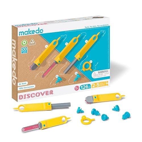 Makedo Discover | Upcycled Cardboard Construction Tool Kit in Small Toolbox (126 Pieces) | STEM + STEAM Educational Toys for at Home Play + Classroom Learning | Reusable Tools for Boys & Girls Age 5+ - Image 1