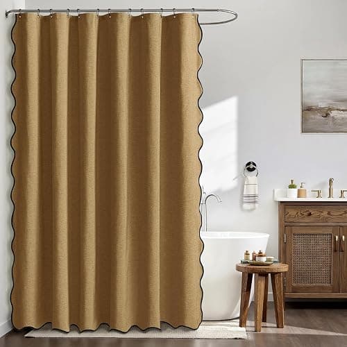 MIULEE Gold Brown Scalloped Shower Curtain Linen Textured with 12 Metal Hooks Cute Heavy Duty Washable Waterproof Thick Cloth Shower Curtains with Black Border for Bathroom Hotel Bathtub,W72*L72 thumbnail 3