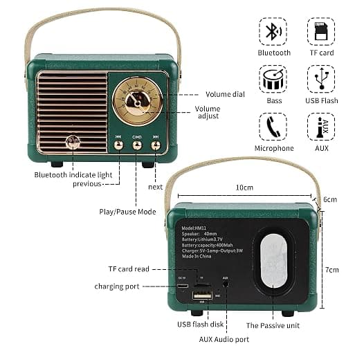 Fsjun Retro Wireless Bluetooth Speaker, Portable Outdoor Speakers,Vintage Decor, Mini Speakers with Powerful Sound, Hands-Free Calls, USB/TF Card/AUX Support (Green) thumbnail 2