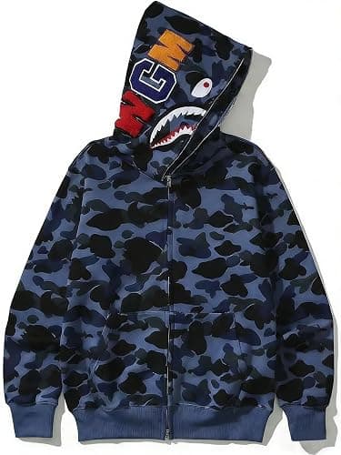 RICK TOP ONE Unisex Camouflage Hoodie with Shark Embroidery, Full Zip, Lightweight Couple sweatshirts heavyweight hoodie - Image 1
