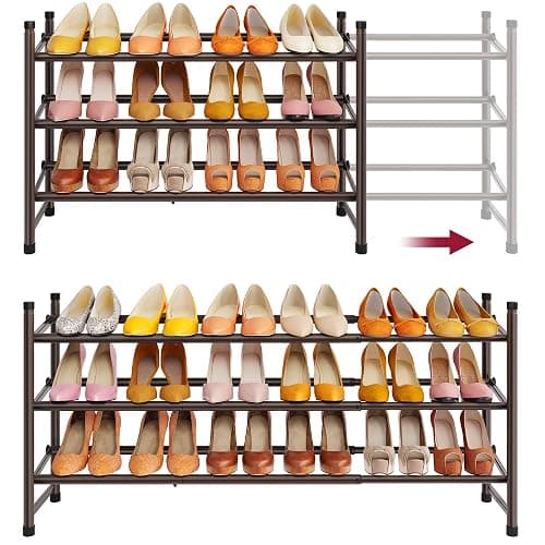 Tajsoon 3 Tier Expandable Shoe Rack for Closet, 28“-41“Adjustable & Stackable Shoe Shelf Storage, Metal Shoe Rack Organizer for Front Door Entrance, Closet, Garage, Entryway, Bronze - Image 1