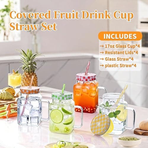 Elitrivox Mason Jar Cups, 17oz Mason Jar with Handle, Mason jar Drinking Glasses with Lids and Straws, Glass Bottle Mugs for Smoothies Juice Cold Drinks Beverages, Set of 4 thumbnail 4