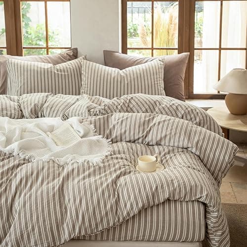 BESTDESIL Striped Duvet Cover Set, 100% Washed Cotton Bedding King Size, Stripes Pattern Printed Comforter Cover with Zipper Closure(Linen Grey,King Size) thumbnail 6