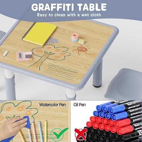 Brelley Kids Table and 2 Chairs Set, Height Adjustable Toddler Desk and Chair Set, Graffiti Desktop, Classroom/Daycare/Home, Children Multi-Activity Table for Ages 2-8 thumbnail 6