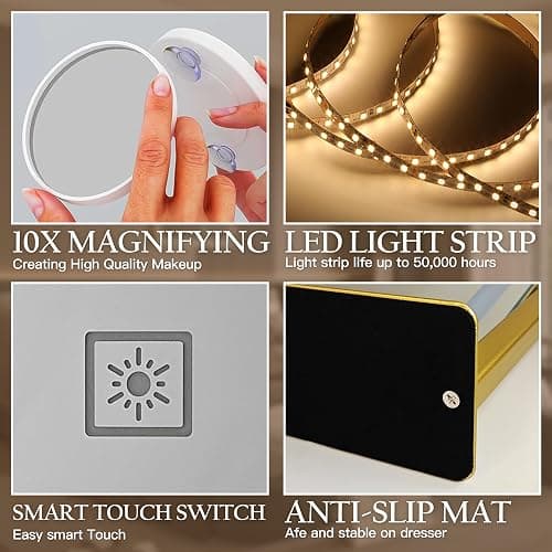 ROLOVE Gold Vanity Mirror with Lights 15" x 12", Lighted Makeup Mirror with 10X Magnification, 3 Color Lighting & Dimmable Brightness, Make Up Mirror with Lighting for Bedroom Tabletop thumbnail 5