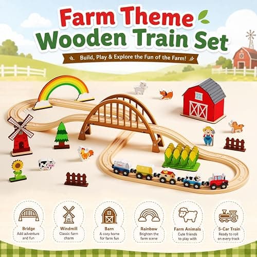 QODOFLR Wooden Farm Train Set,Toddler Toys,Train Set for Toddlers 3-5,Magnetic Train Toys,with Plastic Tracks Compatible with Major Brands Expandable，Sensory Toys for Kids,Ideal Gifts Boys, Girls thumbnail 6
