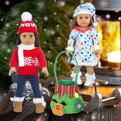 ZITA ELEMENT 2 Sets 18 Inch Girl Doll Christmas Clothes Outfits with Shoes and Christmas Accessories - 18 Inch Christmas Doll Clothes Dress Boots Hat Scarf Hairclips Bag thumbnail 6
