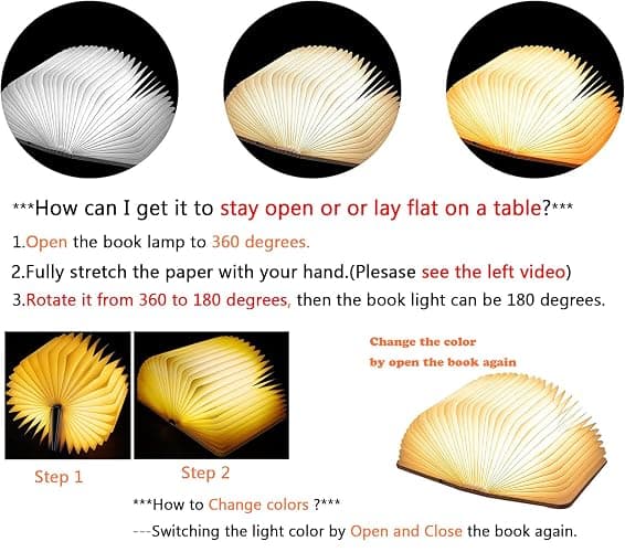 Tiuredx Wooden Book Light, 3 Colors Novelty LED Night Light Portable Folding Book Lamp Decorative Books Paper Lantern for Home Decor Office Party thumbnail 4