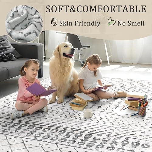 6x9 Machine Washable Area Rug for Living Room, Grey White Vintage Moroccan Rug Large Non-Slip Low Pile Soft Faux Wool Carpet, Kids and Pets Friendly for Bedroom Dining Room Farmhouse Home Decor Rug thumbnail 4