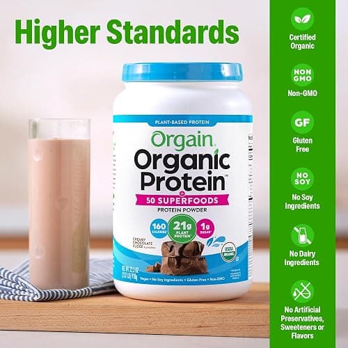 Orgain Organic Vegan Protein + 50 Superfoods Powder, Creamy Chocolate Fudge - 21g Plant Based Protein, 9g Prebiotic Fiber, No Lactose, Gluten Free, No Added Sugar, 2.02 lb (Packaging May Vary) thumbnail 3