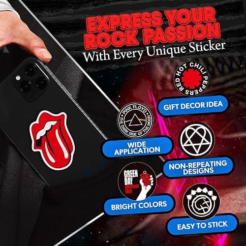 100 Pcs Rock Band Music Stickers – Durable and Waterproof Vinyl Stickers Featuring Iconic Bands | Punk, Metal, Rock Decals | Scratch-Resistant, Vibrant Colors for Laptops, Guitars, Water Bottles thumbnail 4