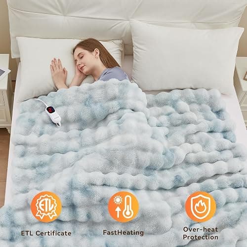 Anysay Heated Blanket Throw with 1/2/4/6/8 Hours Auto-Off 10 Heat Level, 50'' * 60'' Cozy Faux Rabbit Fur Bubble Electric Blanket with Overheat Protection(Blue) thumbnail 6