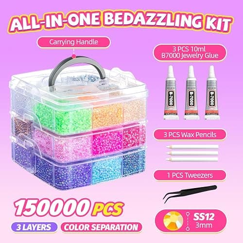 150000Pcs Rhinestones for Bedazzling, 18 Colors Resin Jelly Rhinestones Set | 3mm Multicolor Bedazzling Kit, Flatback Gems for Crafting, Diamond Art Kit with B7000 Jewelry Glue & Tools for Nail and DIY thumbnail 3