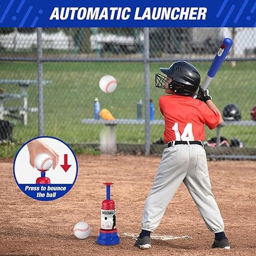 HYES 3-in-1 Baseball Set for Kids 3-5 - Tee Ball Stand, Hanging Tee, Ball Launcher and 6 Softballs - Adjustable Height, Indoor/Outdoor Sport Gifts for Boys, Blue - 3in1-blue thumbnail 5