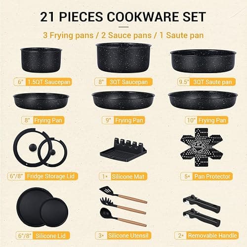 Ammeloo 21 Pcs Pots and Pans Set Non Stick, Ceramic Kitchen Cookware Set with Detachable Handle, Non Toxic Cooking Set for Kitchen, RV, Camping and Fridge, Induction Ready, Dishwasher/Oven Safe, Black thumbnail 2