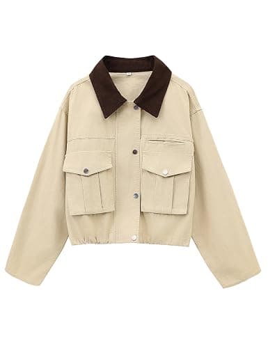 Megfie Womens Cropped Jacket Contrast Collar Utility Coat Cargo Jacket Barn Jacket Outwear with Pockets thumbnail 2