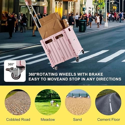 MACOPRO Folding Utility Cart Portable Rolling Crate Handcart Shopping Trolley Collapsible Tool Box, with Lid, Basket on 4 Rotate Wheels, for Grocery, Shopping, Office, Teacher (Pink) thumbnail 7