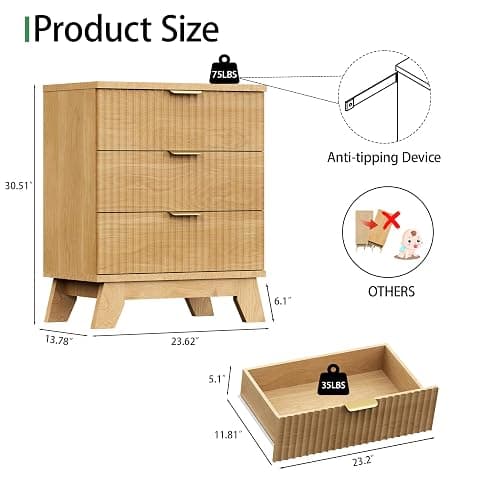 Xixini Fluted Nightstand, 24" Wide Side Table with 3 Large Storage Drawers, Mid Century Modern Wood Night Stand with Metal Handle, Wooden Bedside End Table for Bedroom, Natural Oak thumbnail 2