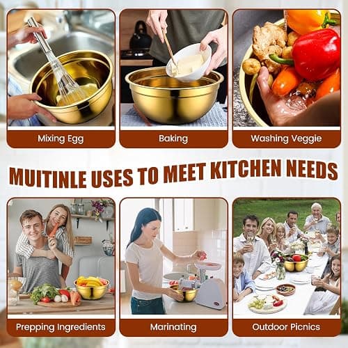 Teenyyou Gold Mixing Bowls with Airtight Lids Stainless Steel Mixing Bowl Set of 5, 4 Metal Nesting Organizers 4 in 1 Colander Non-slip Bottom Size 1.5, 2.0, 2.5, 4.0 Qt for Baking Serving Food thumbnail 6
