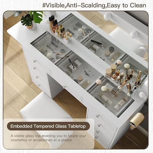 9 Drawers Vanity Desk, Makeup Vanity with Power Outlet, Vanity with 12 LED Lights and Mirror, 3 Lighting Modes, Brightness Adjustable, Fold-up Panel, Glass Top Dressring Table for Bedroom, White thumbnail 7