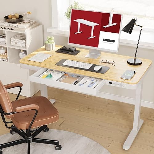 Standing Desk with Drawer, Electric Height Adjustable Home Office Desk with Storage & USB Ports, 48 inch Bamboo Texture Tabletop/White Frame thumbnail 2