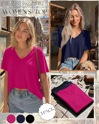 Huukeay 3 Pack Oversized T Shirts for Women Short Sleeve Crop Tops V Neck Irregular Hem Baggy Cropped Tees thumbnail 5