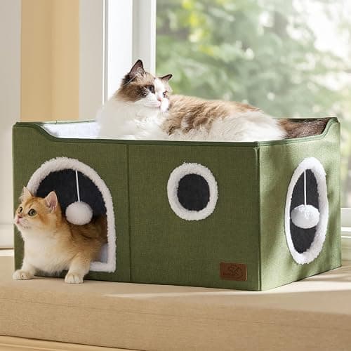Bedsure Large Cat Beds for Indoor Cats - Extra Wide Cat Cube House for Small Pet with Fluffy Ball Hanging and Scratch Pad, Foldable Pet Cave Hideaway for Multiple Cats, 23.6x16.9x13 inches thumbnail 9
