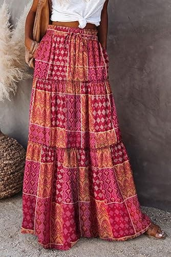 Happy Sailed Womens Floral Print Boho Maxi Skirt Elastic High Waist Pleated Ruffle Flowy Long Skirts S-XL thumbnail 3