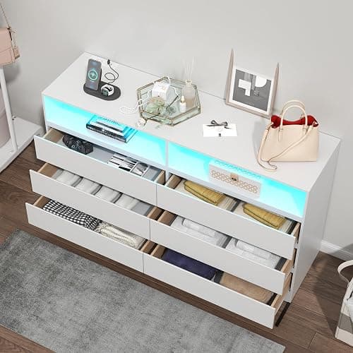 Gyfimoie White 6-Drawer Dresser for Bedroom w/Power Outlet and LED Light | Modern Double Dresser with 2 Open Cubbies, Spacious Chest of Drawers, and TV Stand Function for Living Room thumbnail 3