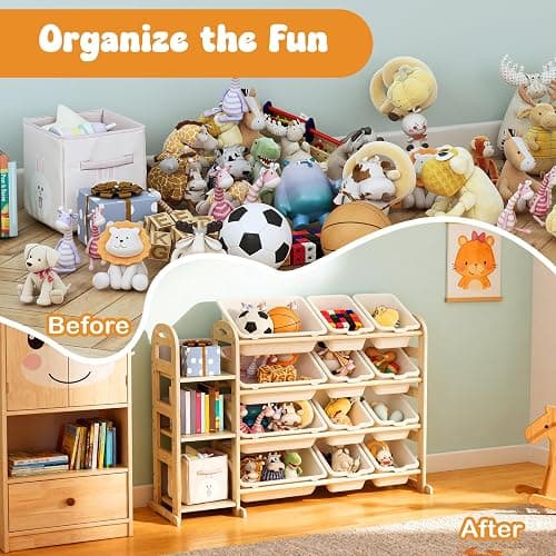 Toy Storage Organizer, Wooden Toy Organizers and Storage with Bookshelf, Toy Storage Shelf with 3 Shelves and 12 Storage Bins, Kids Bookshelf for Playroom, Nursery, Bedroom, Bookcase for Kids, White thumbnail 4