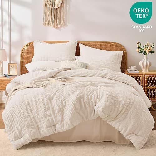 FUANNA Twin Comforter Set 5 Pieces, Luxury Seersucker Twin Bed Set for All Seasons, Soft Twin Bed in a Bag with Comforter, Flat Sheet, Fitted Sheet, Pillowcase & Sham for Bedroom, Beige thumbnail 5