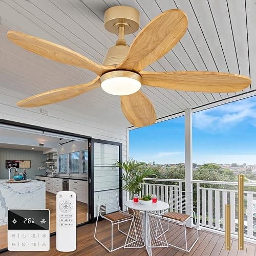 KENSID 42 Inch Wood Ceiling Fans with Lights and Remote, Modern Indoor Outdoor Ceiling Fan with Light for Patio Kitchen Dining Room, Dimmable, 5 Blades, Reversible DC Motor, Memory Function (Gold) thumbnail 2
