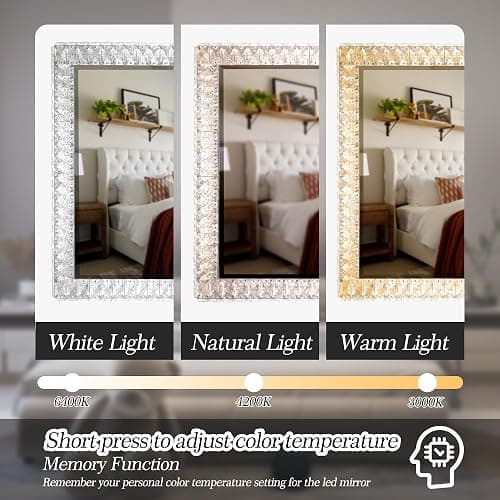 35" x 27" Crystal LED Dimmable Hollywood Vanity Mirror, Large Lighted Makeup Mirror for Desk, Dimmable 3 Lighting Modes, Lights with Crystal Crush Diamond, Metal Frame thumbnail 3