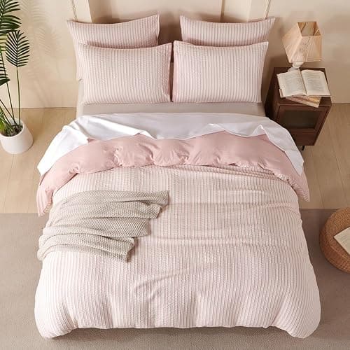 BUPIRD Pink Comforter Set Queen Size Striped 100% Soft Washed Microfiber Jacquard 3 Pieces Striped Bedding Sets Pink White Comforter Queen for All Seasons and 2 Pillowcases Comfort Breathable thumbnail 4