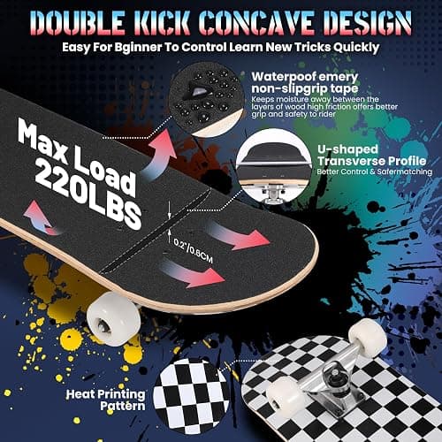 ANYFUN Pro Complete Skateboards for Beginners Girls Boys Kids Youths Teens Adults 31"x8" Skate Boards 7 Layers Canadian Maple Double Kick Deck Concave Longboard thumbnail 5