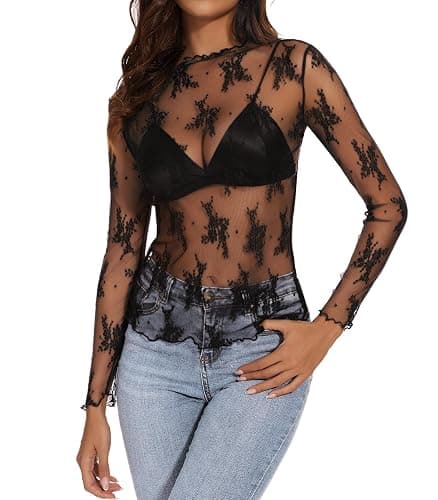 Womens Lace Mesh Long Sleeve Top Floral Sheer See Through Sexy Tops Mock Neck Shirts Party Club Night Blouses thumbnail 2