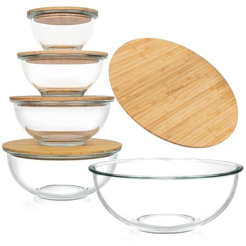 dokaworld Stackable Space-Saving Set of 5 Nesting Glass Bowls with Bamboo Lids for Foodprep, Storage, Baking, Mixing & Cooking, Microwave & Oven Safe BPA Free Heat Resistant Inert Borosilicate Glass - Image 1