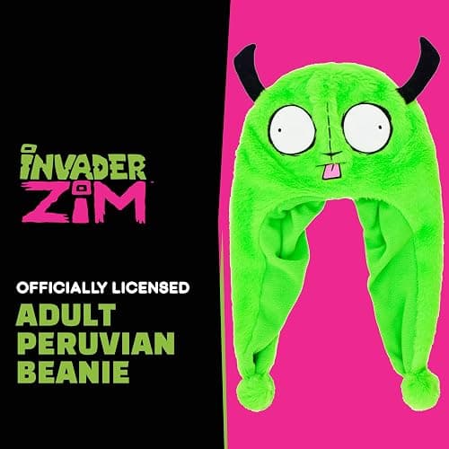 Invader Zim Beanie Hat, Gir Men's Cuffed Peruvian Winter Knit Cap with 3D Horns, Green, One Size thumbnail 2