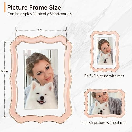 4x6 Enamel Picture Frame with HD-Tempered Glass, Display 3x5 Photo with Mat, Ornate Photo Frame with Gold Metal Edge & Velvet Back for Tabletop & Wall Mount Vertically or Horizontally Display, Pink thumbnail 3