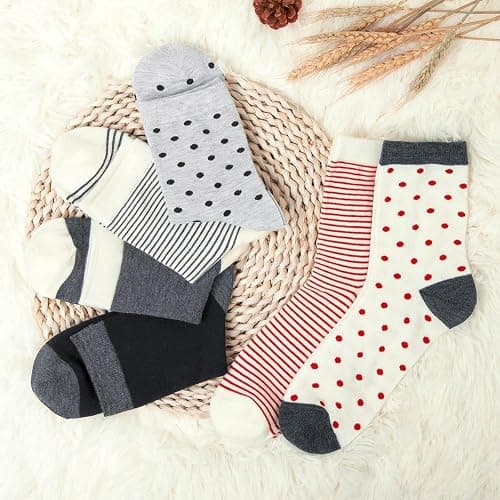 6 Pairs Cotton Crew Socks for Women, Breathable Novelty Funny Striped Dot Casual Cute Calf Socks Size 6-12 thumbnail 4