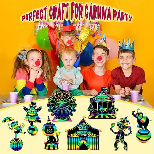 RoundFunny 80 Pcs Carnival Cutouts Scratch Cards Circus Theme Party Crafts Kids Colorful Circus Animals Scratch Paper for DIY with 80 Pcs Stick and Ribbon for Birthday Party Classroom Rewards Art thumbnail 4