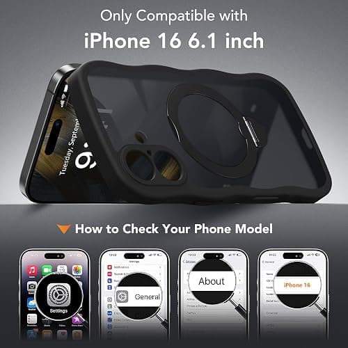 GolbinBox for iPhone 16 Case, [Compatible with Magsafe][360° Spin Magnetic Stand][Military-Grade Protection][Camera Control][Cute Wave Edge] Translucent Matte Women Phone Cover for iPhone 16, Black thumbnail 2