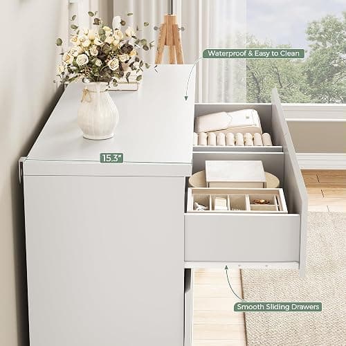 Orgobysol 6 Drawer Double Dresser for Bedroom, Modern Simply Chest of Drawers, Wood Storage Dresser with Anti-Tipping for Living Room Hallway Entryway, Nursy White (15.3" D x 47.2" W x 32.3" H) thumbnail 6