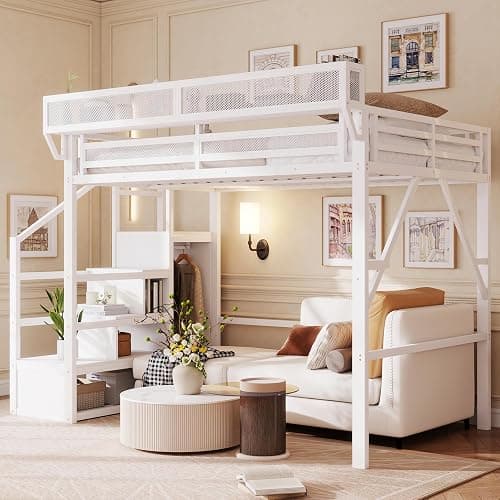 Mirightone Full Size Loft Bed with Stairs and Storage, Metal Loft Bed Frame with Bedside Shelf and Large Under-Bed Space, Heavy-Duty Loft Beds for Adults Teens and Kids, Convertible Staircase, White - Image 1