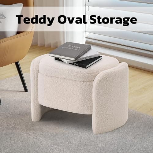 TUOMUR 27 Inch Teddy Fabric Oval Storage Ottoman, Upholstered Foot Stools Ottoman with Storage, Vanity Stool, Modern Multifunctional Chair for Makeup Room, Bedroom, Living Room (Beige) thumbnail 6