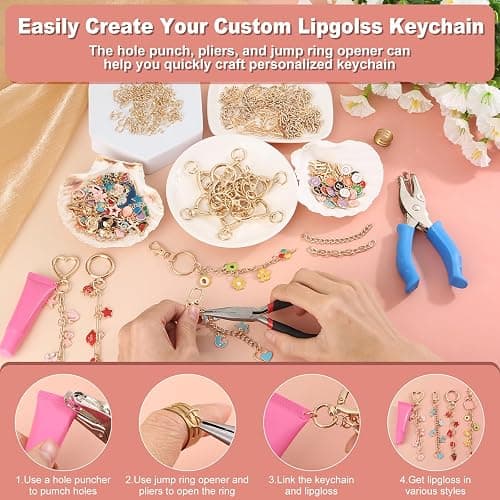 485 Pcs Charms Lip Gloss Keychain Making Kit, DIY Bag Charm Kit Including 40 Key Chain Hooks 30 Extender Chains 212 Gold Charms & Letter 200 Jump Rings 1 Plier and 1 Puncher for Craft Supplies thumbnail 4