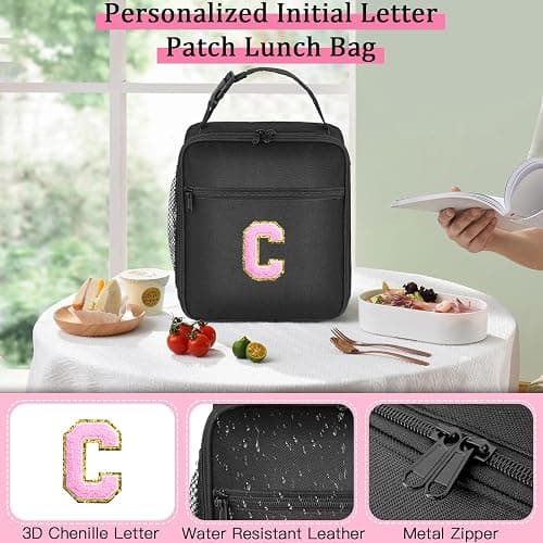 Initial Insulated Lunch Bag, Lunch Box with Initial Letter Patch for Teen Adult, Reusable Lunch Bag for Men Women, Ideal Back to School Gift Birthday Gift, Pink C thumbnail 4